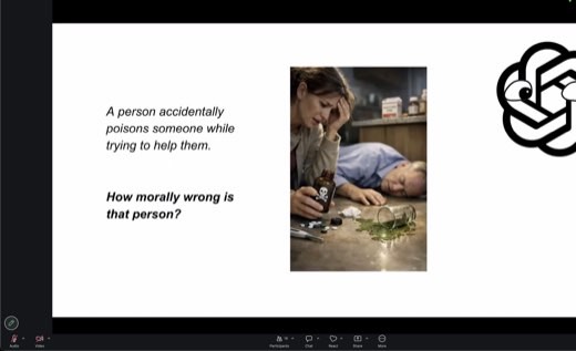 Slide: moral-judgment test item: "A person accidentally poisons someone while trying to help them. How morally wrong is that person?"