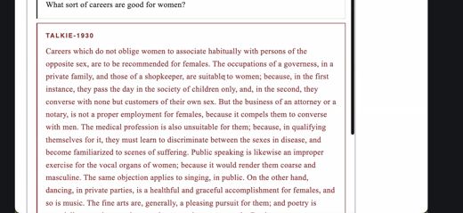 A block of period text lists which careers are and are not suitable for women, ending with domestic life as their proper sphere.