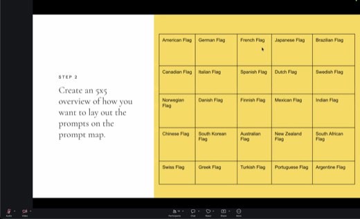 Step 2: create a 5x5 overview of how to lay out the prompts on the prompt map (grid of 25 country flags).