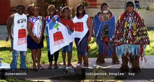 Holidays map: Juneteenth and Indigenous Peoples' Day tiles: costume stereotypes and garbled text on shirts.