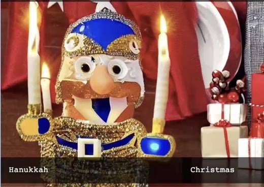 Holidays map: Hanukkah and Christmas tiles: an uncanny glittery menorah-figure mashup next to gifts.