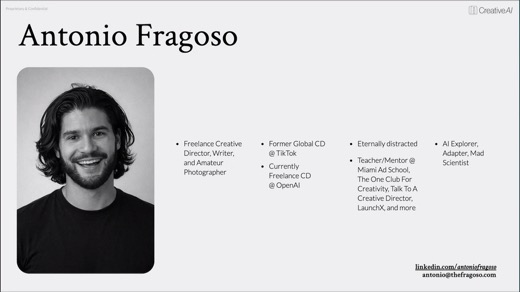 Antonio's bio slide: TikTok, OpenAI, Miami Ad School, The One Club.