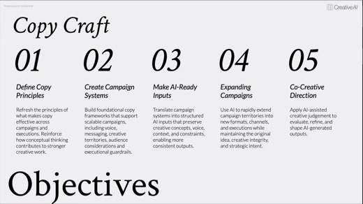 A slide titled "Copy Craft" listing five numbered objectives: Define Copy Principles, Create Campaign Systems, Make AI-Ready Inputs, Expanding Campaigns, and...