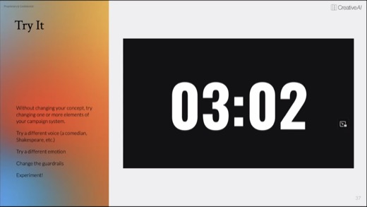 Slide titled "Try It" showing a countdown timer and instructions to change one element, such as voice, emotion, or guardrails, of a campaign system without altering...