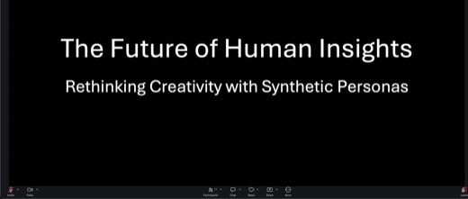 Title slide "The Future of Human Insights / Rethinking Creativity with Synthetic Personas" on black background, "jae's screen" shared