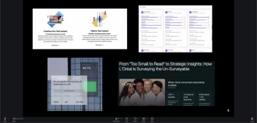 Slide (page 6) with four example screenshots: "Creative Pre-Test Instant" and "Claims Test Instant" ad-testing product cards, a...