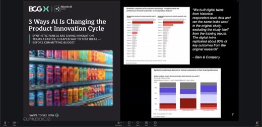 Slide (page 7) "3 Ways AI Is Changing the Product Innovation Cycle" (BCG X / Merch AI branding) with a beverage-shelf photo and "Swipe to see...