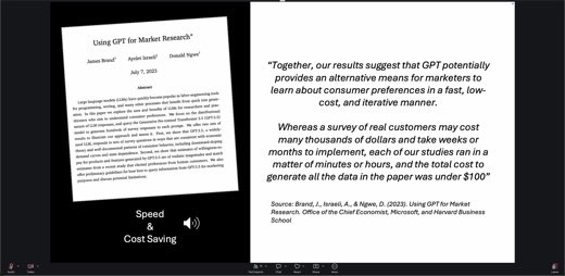 Slide split: left shows a paper title card "Using GPT for Market Research" by James Brand, Ayelet Israeli, Donald Ngwe (July 7, 2023) with...