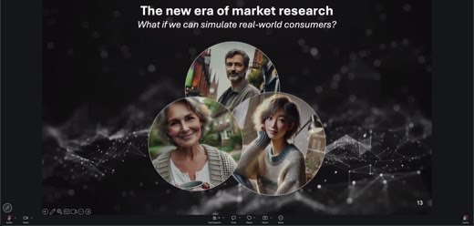 Slide "The new era of market research / What if we can simulate real-world consumers?" (page 13) with three overlapping circular AI-generated...