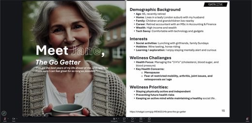 Exercise slide "Meet Jane, The Go Getter" with her photo and quote "I've got the best years of my life ahead of me, and I want to make sure I can...