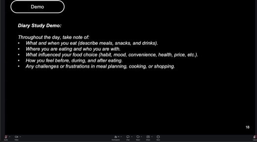 Slide "Demo / Diary Study Demo," instructing participants to note throughout the day what/when they eat, where and with whom, what influenced food...
