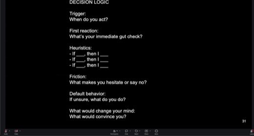 Slide "Decision Logic" template (page 31) with blank prompts: Trigger (when do you act), First reaction (immediate gut check), Heuristics (three...