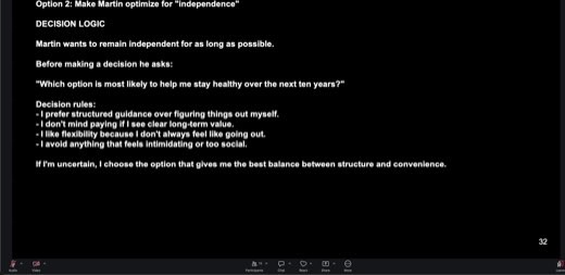 Slide "Option 2: Make Martin optimize for 'independence'" (page 32) with Decision Logic: Martin wants to remain independent, asks "Which option is...