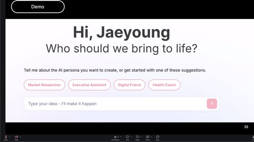 Slide "Demo" leading into a white persona-builder tool screen "Hi, Jaeyoung / Who should we bring to life?" with a prompt box "Tell me about the...