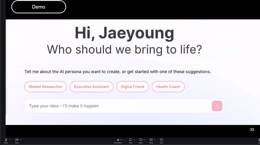 Persona-builder tool screen "Hi, Jaeyoung / Who should we bring to life?" repeated again, page 33, unchanged
