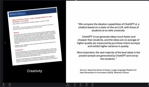 Slide pairing the Wharton Mack Institute paper cover "Ideas Are Dimes A Dozen: Large Language Models For Idea Generation In Innovation" (Girotra,...