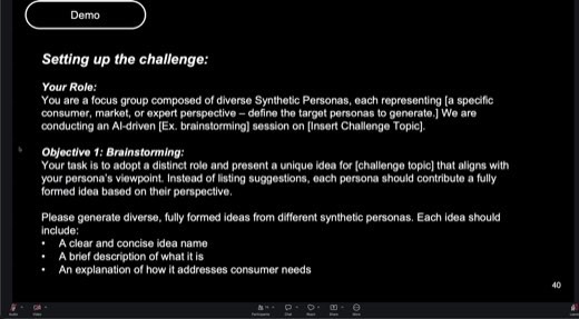 Slide "Demo / Setting up the challenge" (page 40): a fill-in-the-blank prompt template defining "Your Role" as a focus group of diverse Synthetic...