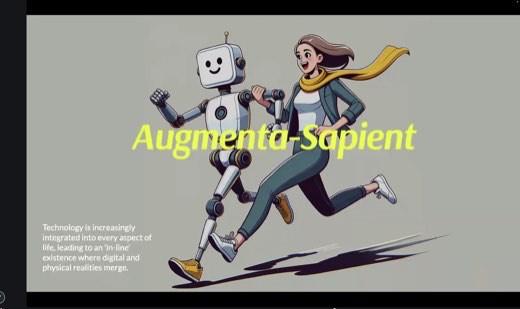 Slide titled "Augmenta-Sapient": illustration of a robot running alongside a woman in a yellow scarf. Subtext: "Technology is increasingly...