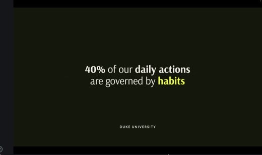 Stat slide: "40% of our daily actions are governed by habits." Credited to Duke University.