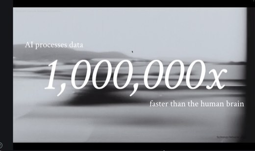 Slide: "AI processes data 1,000,000x faster than the human brain." Source: Technology Networks.