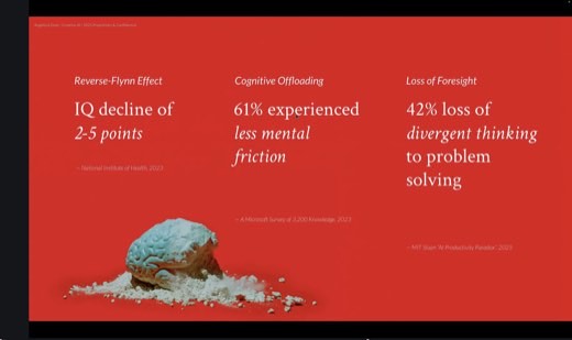 Stat slide, red background, cracked brain sculpture image: "Reverse-Flynn Effect: IQ decline of 2-5 points" (National Institute of Health 2023);...