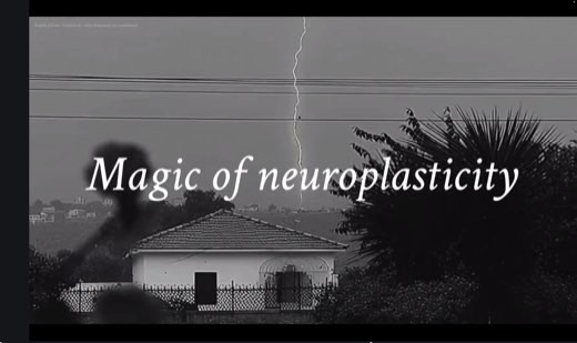 Black and white AI-generated title slide reading "Magic of neuroplasticity" over a stormy sky and house image, credited to the guest presenters and Creative AI, 2025.