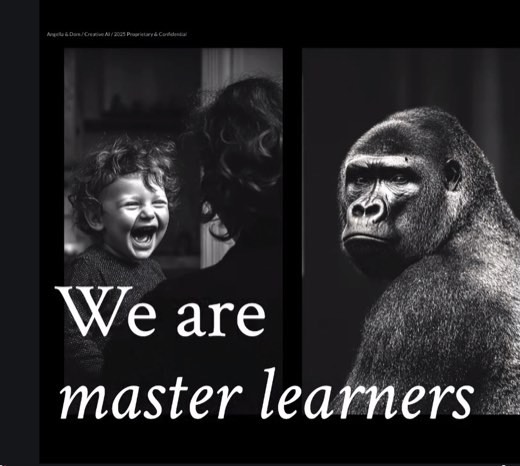 Slide: "We are master learners" with three-panel photo strip: a laughing toddler, a gorilla, and a screaming sprinter (bib 711) in Nike gear.