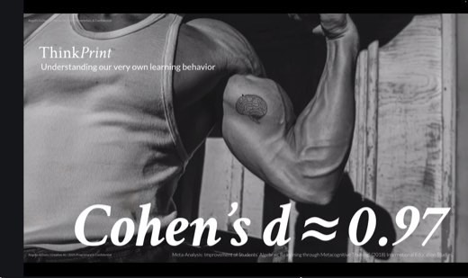 "ThinkPrint: Understanding our very own learning behavior" over a flexed-bicep photo with a small brain tattoo. Large stat: "Cohen's d ≈ 0.97."...