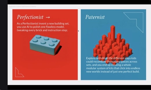 Default-vs-stretch example pair, LEGO framing. Left (red) "Perfectionist": "As a Perfectionist invent a new building set, you use AI to polish one...