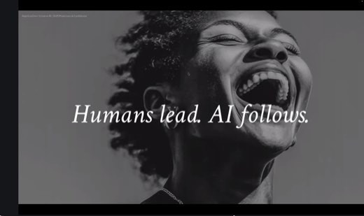 A slide reading "Humans lead. AI follows." over a black-and-white photo of a woman laughing with her head tilted back, credited to Angella and Dom of Creative AI.