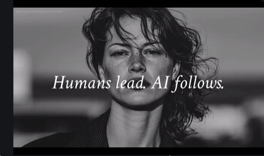A slide reading "Humans lead. AI follows." over a black-and-white portrait of a windswept-hair woman looking at the camera.