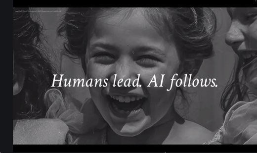 Repeat of the black and white "Humans lead. AI follows." slide with the same close-up image of a laughing child's face.