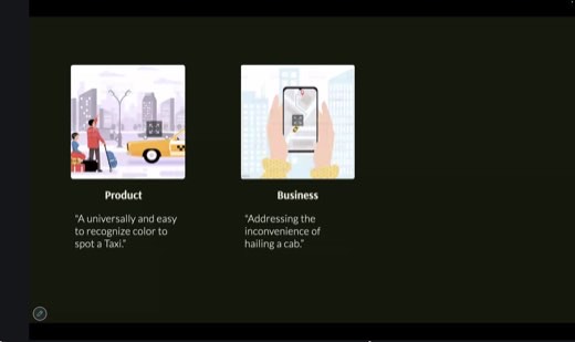 Example pair illustrating Product vs Business framing with taxi-hailing: "Product" - illustration of a person hailing a cab, quote "A universally...