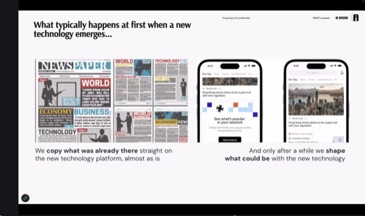 Slide titled "What typically happens at first when a new technology emerges..." comparing old newspaper page layouts to early smartphone app screens that mimic them.