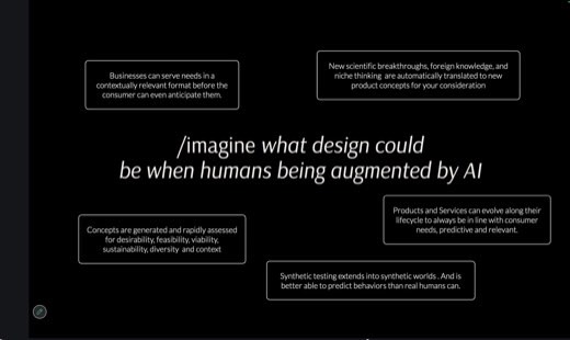 A dark slide reading "/imagine what design could be when humans being augmented by AI" surrounded by four boxed statements about AI-assisted product concepts.