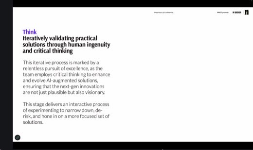 Slide headed "Think," describing an iterative, human-led process of validating AI-augmented solutions through critical thinking, under Pratt AI Design branding.