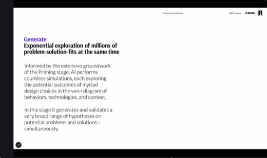 A slide titled "Generate" from a Pratt AI Design presentation, describing AI's exponential exploration of problem-solution fits based on prior priming work.