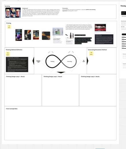 A Miro board template for a Coca-Cola zero-gravity design exercise, with sections for Briefing, Priming reference images, Thinking Method Definition,...
