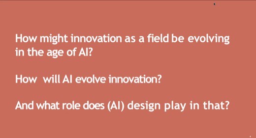A slide posing three questions about how innovation, AI, and design roles are evolving together, on a coral background.