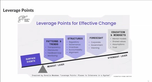 A slide titled "Leverage Points" showing a diagram from the Disruptive Futures Institute ranking intervention points from Surface Events to Education & Mindsets by...