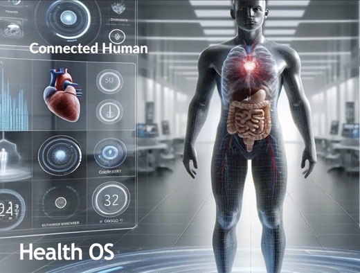 A slide titled "Health OS" showing a futuristic "Connected Human" dashboard with heart and body vitals overlaid on a rendered human figure.