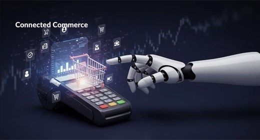 A slide titled "Connected Commerce" showing a stylized robotic hand reaching toward a payment terminal topped with a glowing shopping cart icon.