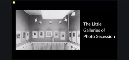 "The Little Galleries of Photo Secession" slide with archival gallery interior photo, continuing the Stieglitz/photography-as-new-medium history.