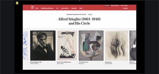 The Met's Heilbrunn Timeline essay page "Alfred Stieglitz (1864-1946) and His Circle" shown live in-browser, with thumbnails of works by Steichen,...