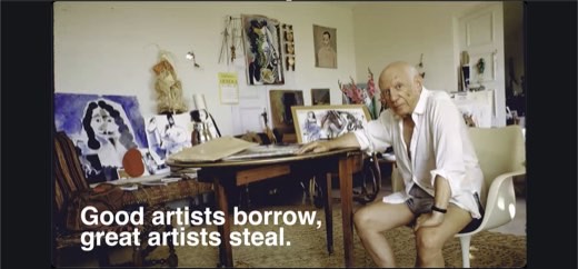 Picasso in his studio slide with the quote "Good artists borrow, great artists steal": pivoting the borrowing/originality discussion toward AI.