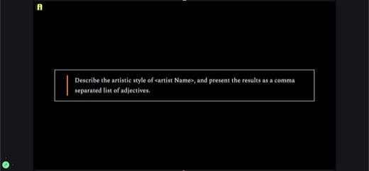 Example prompt-technique slide: "Describe the artistic style of <artist Name>, and present the results as a comma separated list of adjectives": a...