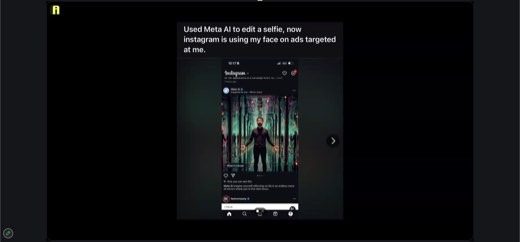 Reddit-style post screenshot: "Used Meta AI to edit a selfie, now Instagram is using my face on ads targeted at me": a Meta AI "Imagined for you"...