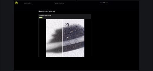 "Revisionist History" segment: "Top AI Upscaling" before/after comparison of a blurry vs. AI-upscaled UFO photo, introducing the UFO-upscale...