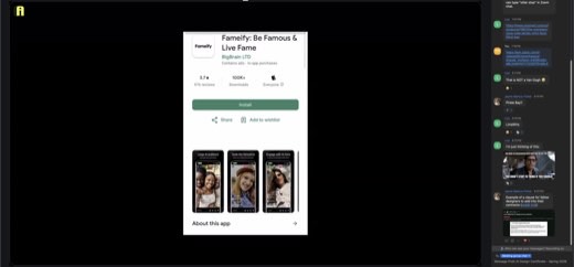 Google Play store listing for "Fameify: Be Famous & Live Fame" (BigBrain LTD, 100K+ downloads): the AI-companion "fame" app example: with Zoom...