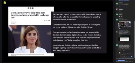 BBC article "German outcry over deep fake porn targeting actress prompts bid to change law": Collien Fernandes's legal complaint against...